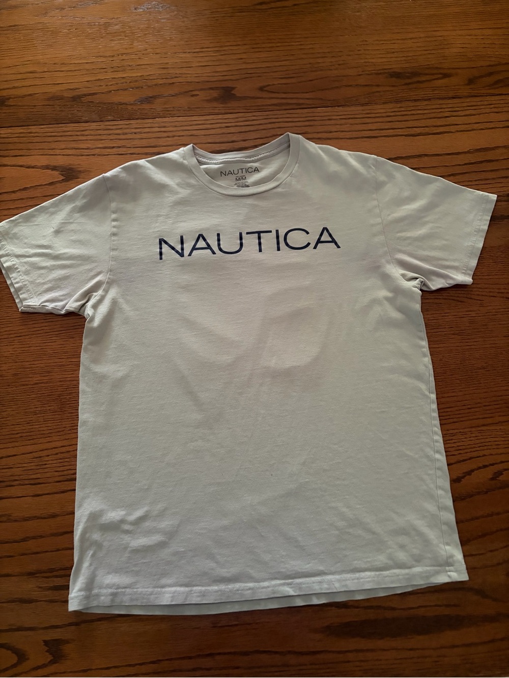 Vintage Nautica Men's Light Gray Tee with Navy Logo - Size M